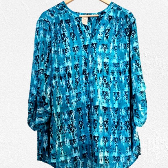 Faded Glory Tops - Faded Glory Tunic Top 3X Aqua V-neck Roll Tab Sleeve Lightweight Office Artsy